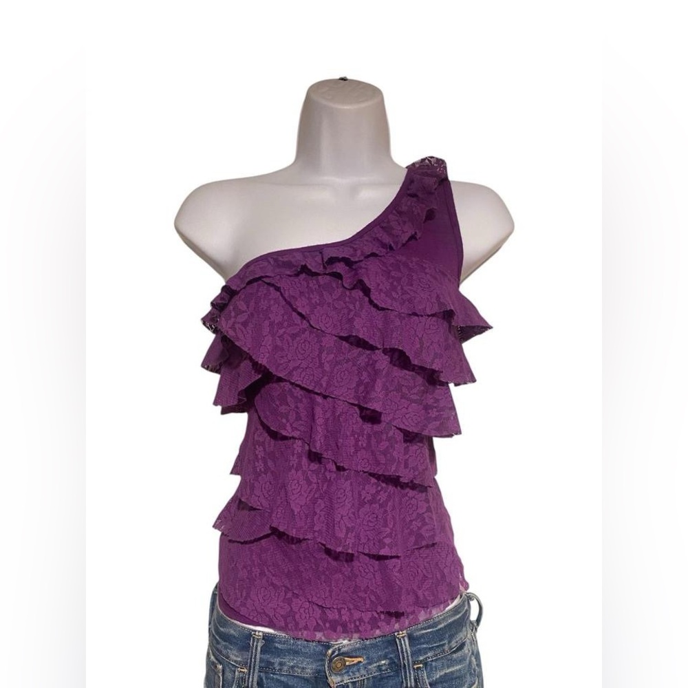 Y2k Forever 21 purple lace ruffled one shoulder tank top